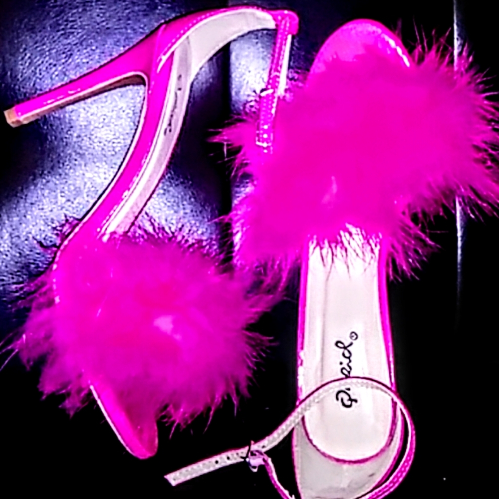 Qpid pink feather balboa heels with secure strap